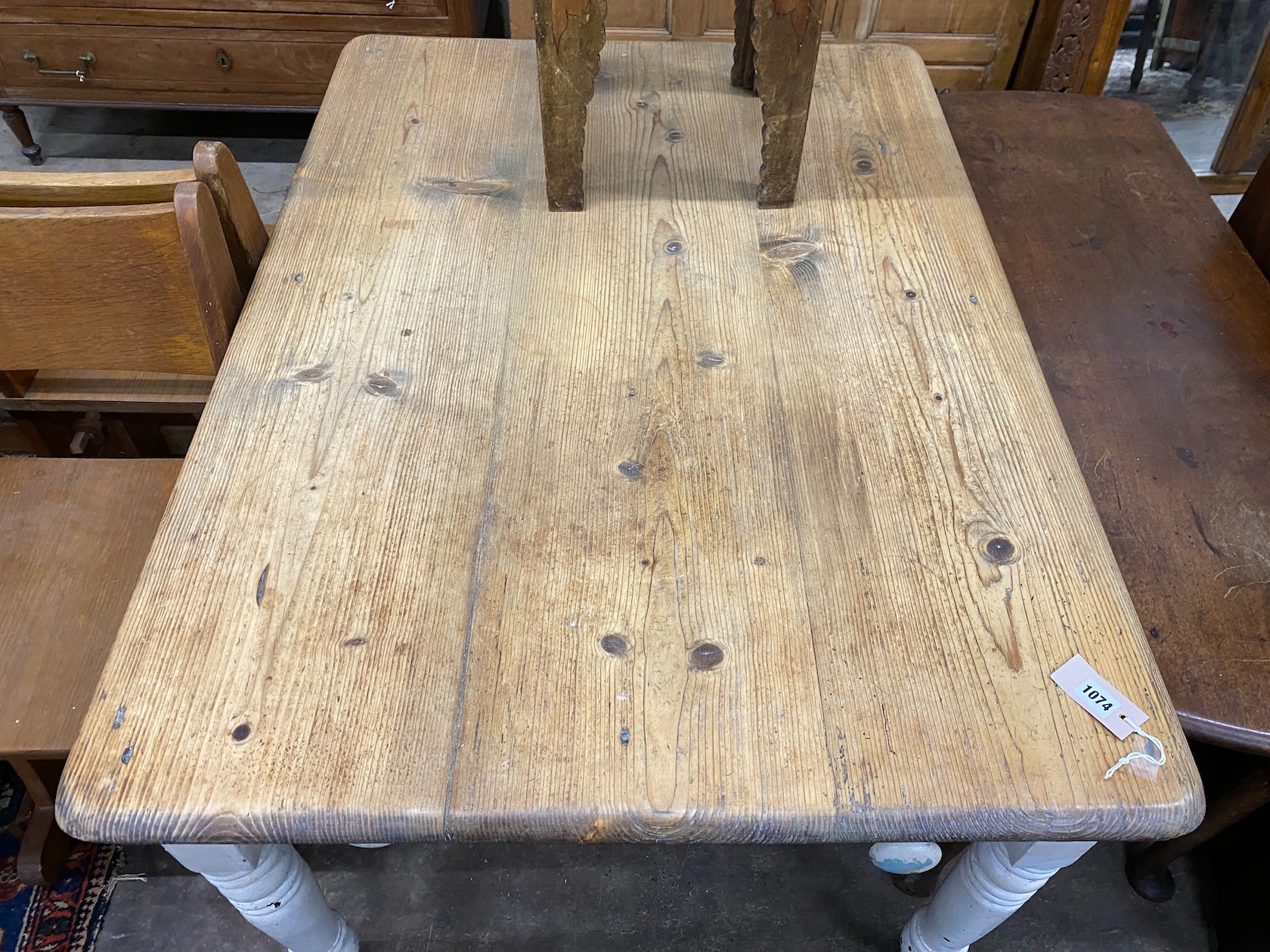 A Victorian pine and later painted kitchen table, with frieze drawer, width 122cm depth 87cm